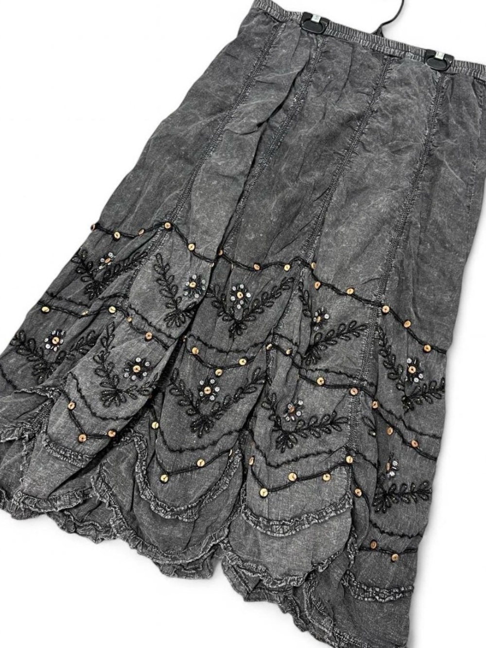 Gray Fairy Bohemian Cotton Embroidered Beaded Floral Scalloped Hem Maxi Skirt